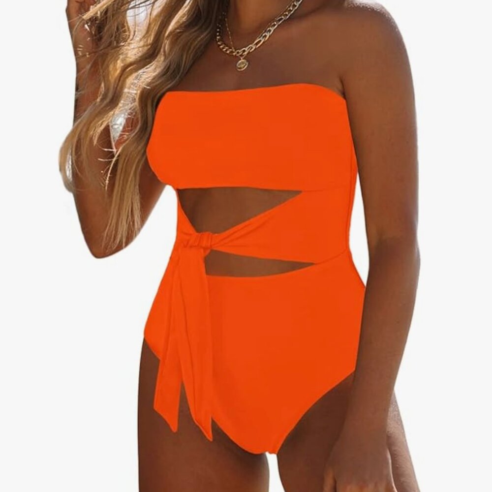 Bandeau strapless tie cut out one piece - Picture 4 of 4